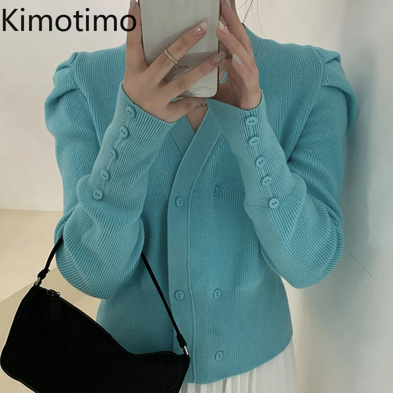 Kimotimo Solid Cardigan Sweater Women Long Sleeve Vneck Knitted Jumper High Street Slim Casual Chic Korean |