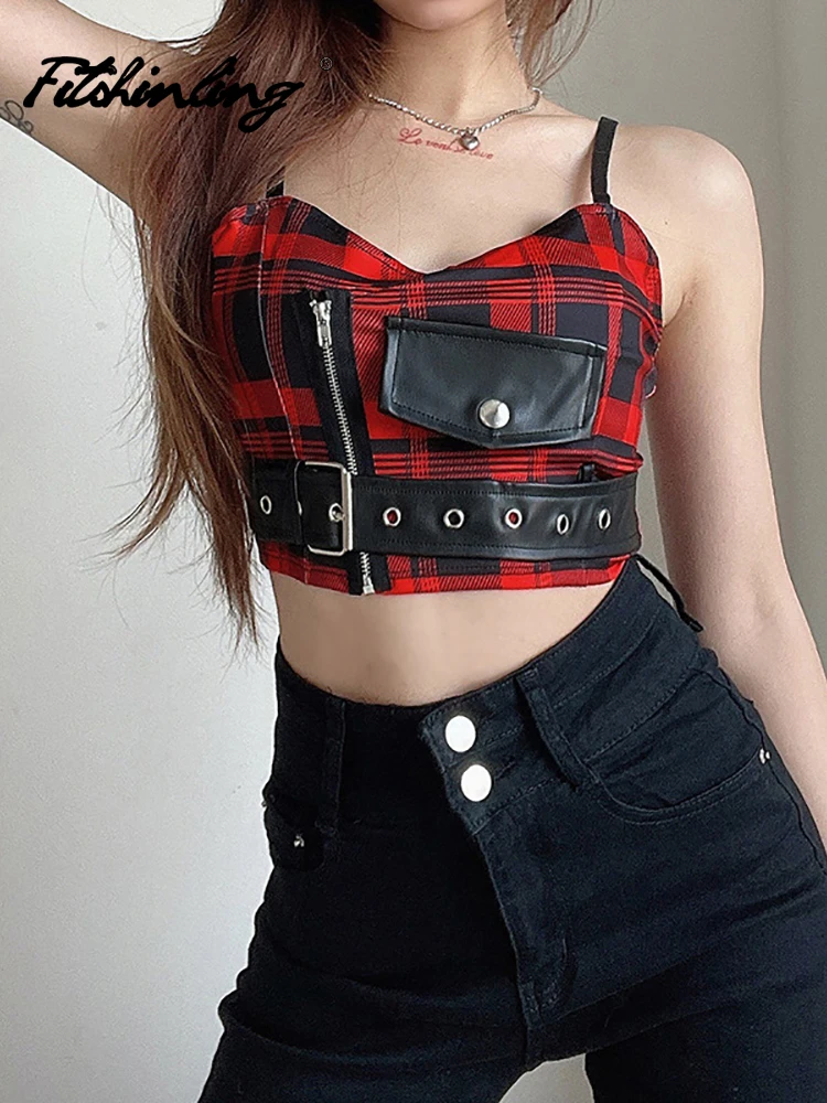 Fitshinling Goth Vintage Moto & Biker Plaid Patchwork Zipper Camisole