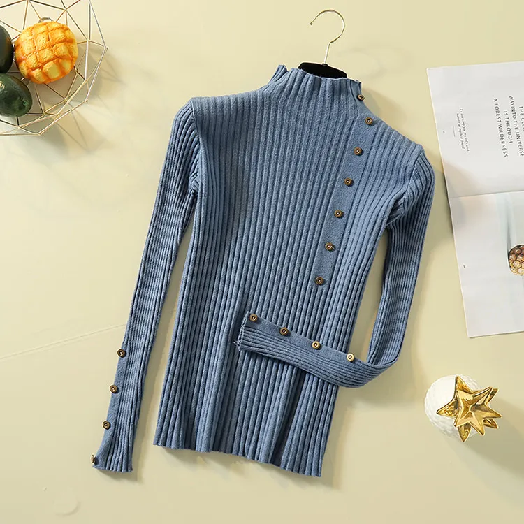 Fashion Turtleneck Sweater Women Long Sleeve Button Decoration Slim Women Pullover Sweater 2019 Autumn Winter Female Jumpers (36)
