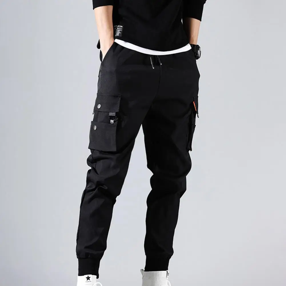 Men Trousers Jogging Military Cargo Pants Casual Work Track Drawstring Strap Elastic Waist Pants Thin Male Beam Feet Cargo