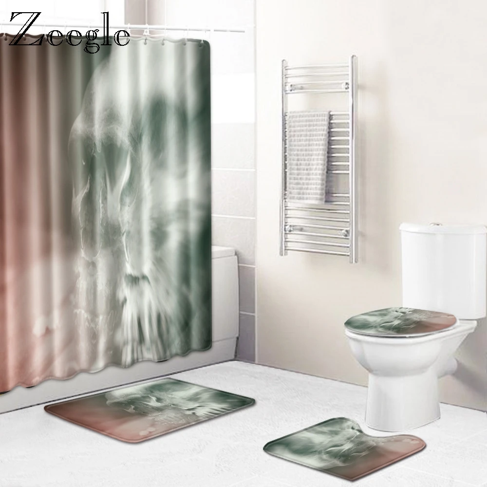 Zeegle Halloween Bath Mat Set Flannel Bath Soft Mat Creative Toilet Mat Washable Shower Rug Toilet Seat Cover Waterproof Curtain