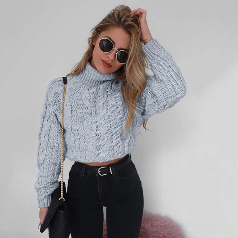 Las mujeres suéteres de cuello Sexy corto con el obligo al descubierto Tops Otoño e Invierno camiseta dama de punto corta suéteres sólidos