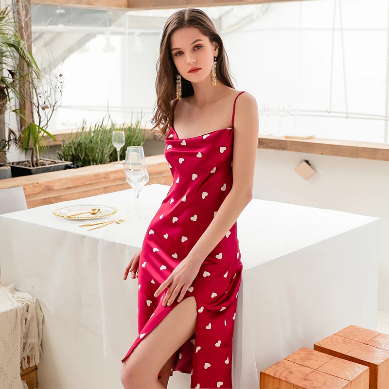 Shetelisi Satin Chiffon Women Long Nightgown Heart Pattern Printing Sleepwear Trim Cute Sweet Outwear Nightie sp0097