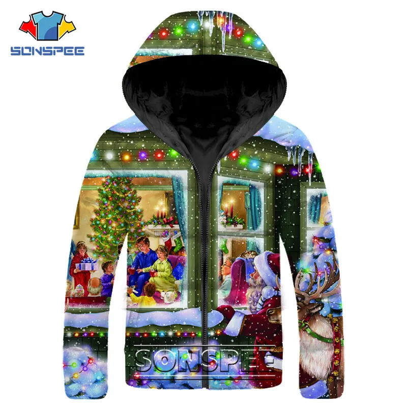 SONSPEE Christmas Tree Santa Claus Parkas Print Gingerbread Christmas Stocking Down Jacket Winter Keep Warm Thick Hip Hop Coats