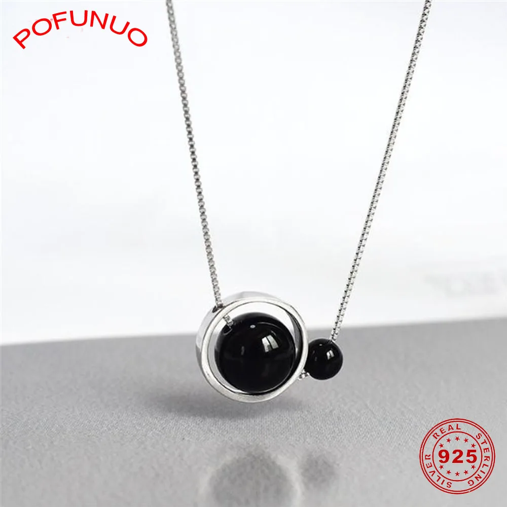 POFUNUO, 925 пробы, Серебряное геометрическое ожерелье с черным ониксом, женское стильное минималистичное ожерелье с удачливыми бусинами для влюбленных, хорошее ювелирное изделие, подарок