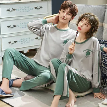 

Autumn and Winter Couple Pajamas Men and Women Long-sleeved Cotton Korean Cartoon Cute Student Suit Home Service Two-piece Suit