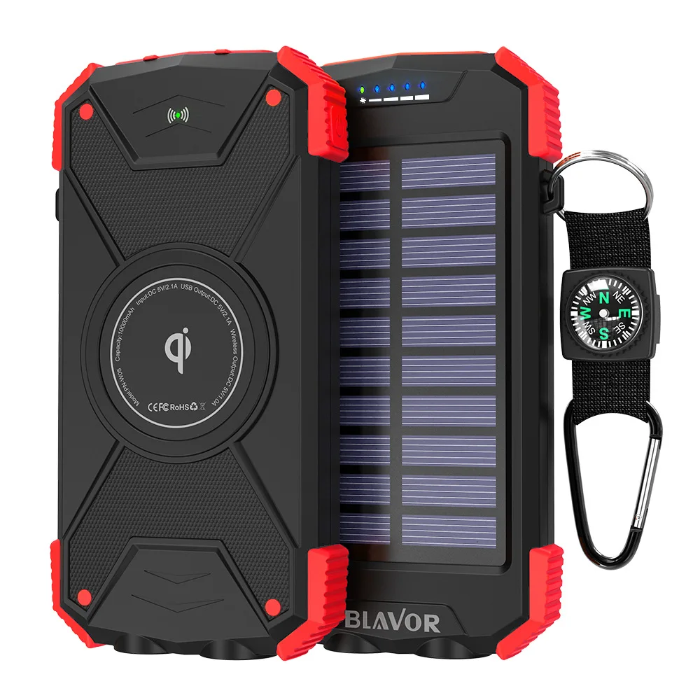 

New Hot Selling 15000mAh Wireless Solar Power Bank Dual LED Flashlight Double Input Port Waterproof Portable Battery Compass