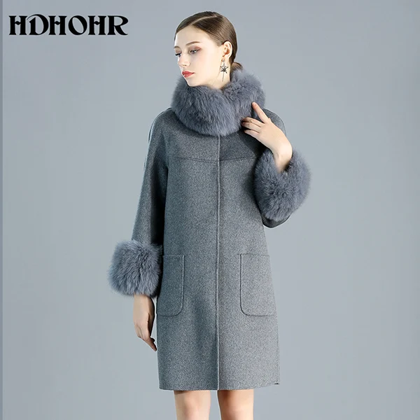 HDHOHR Новое кашемировое пальто женский воротник с натуральным лисьим мехом Куртка тонкая мода зима Натуральная лиса женское меховое пальто - Цвет: Светло-серый