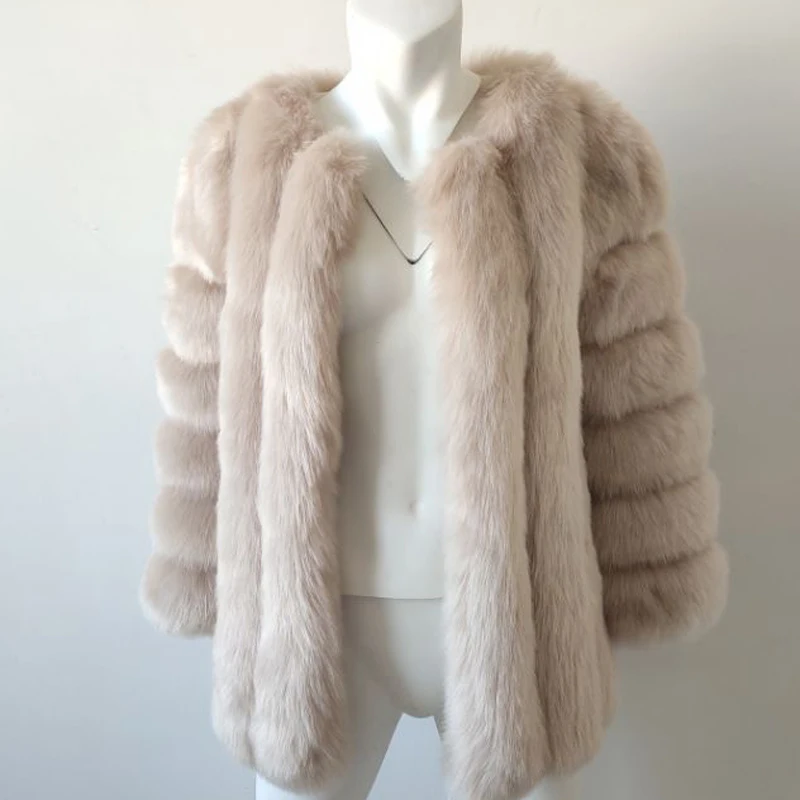 New Autumn Winter Fur Coat Women Clothes High Quality faux fox Fur overcoat Plus Size Thicken Warm Long Coats Female - Цвет: Бежевый