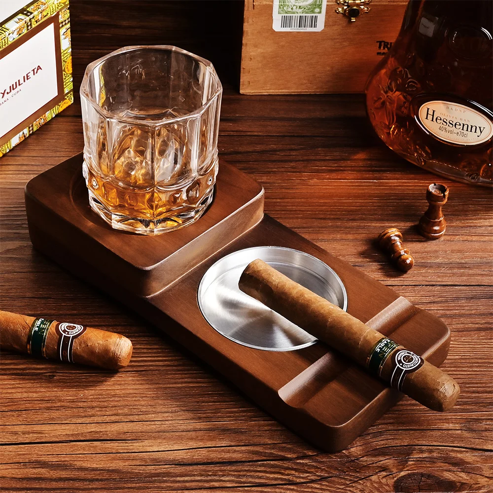 Personalized Whiskey & Cigar Tray Glass Holder Ashtray Whiskey, 2 in 1  Wooden Cigar Ashtray With Whiskey Glass Holder, Great Gifts for Men