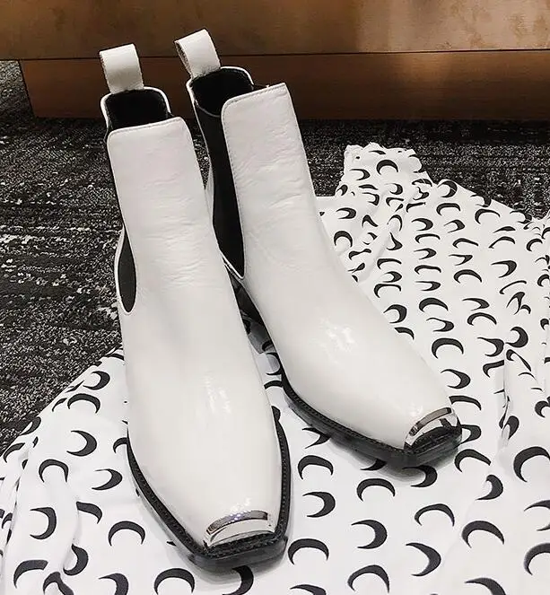 Белый Buono Scarpe/женские ботинки «Челси»; ботильоны из натуральной кожи; короткие ботинки с квадратным металлическим носком; botas Mujer; ботинки на массивном каблуке с эластичной лентой - Цвет: Белый