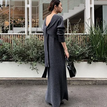 

Knitted Sweater Dress Women Elegant Korean Office Ladiesc Pullover Hollow Back Strap Autumn Loose Long Dresses Gary Streetwear