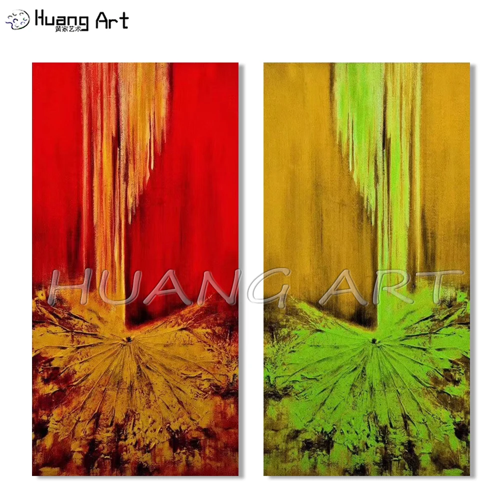 

Big Size Abstract Lotus Leaf Oil Painting on Canvas for Living Room Decor Hand-painted Red Green Texture Abstract Wall Painting