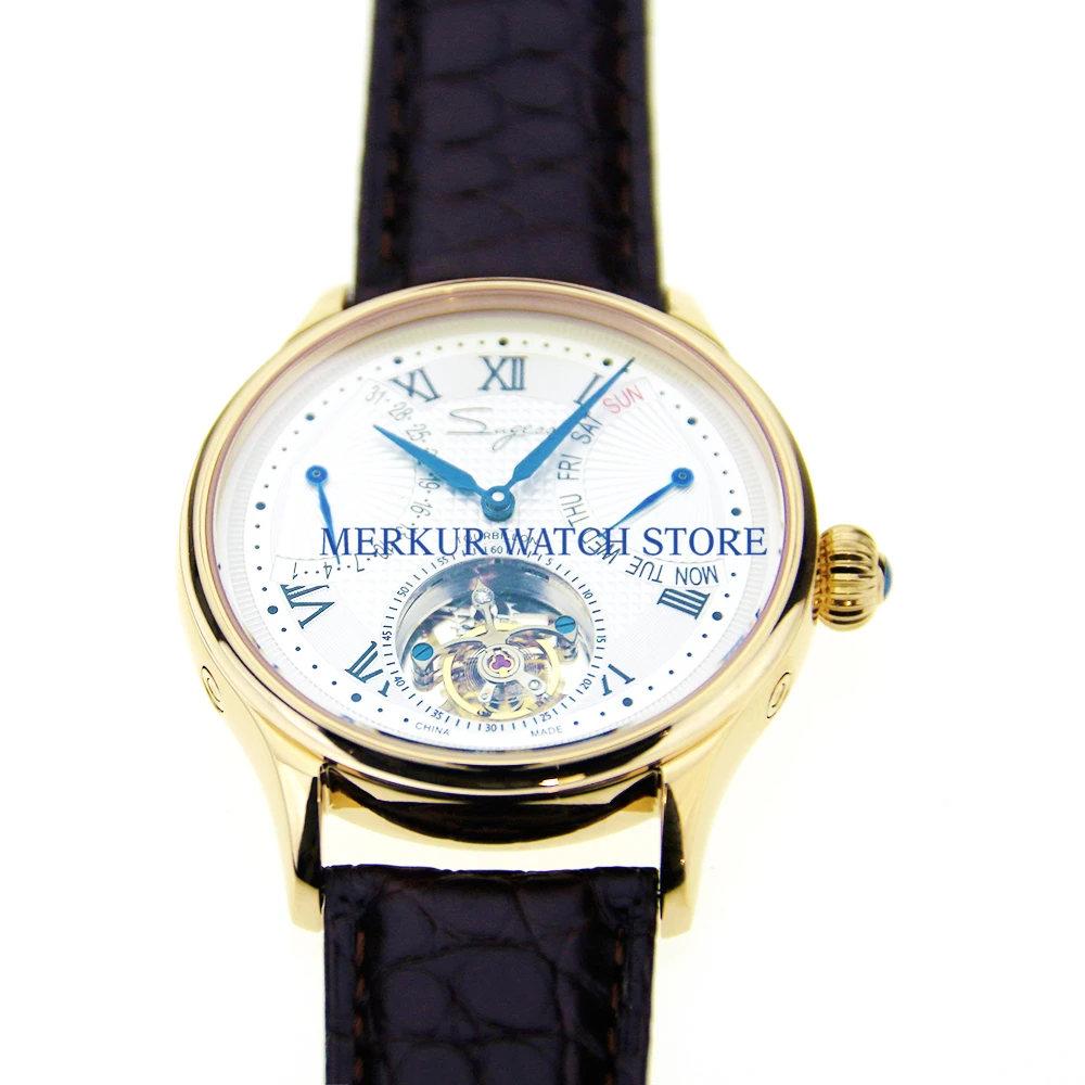 

Sugess Mens Watch Flying Mechanical Seagull ST8004 Tourbillon Movement Day Date Skelenton Luxury