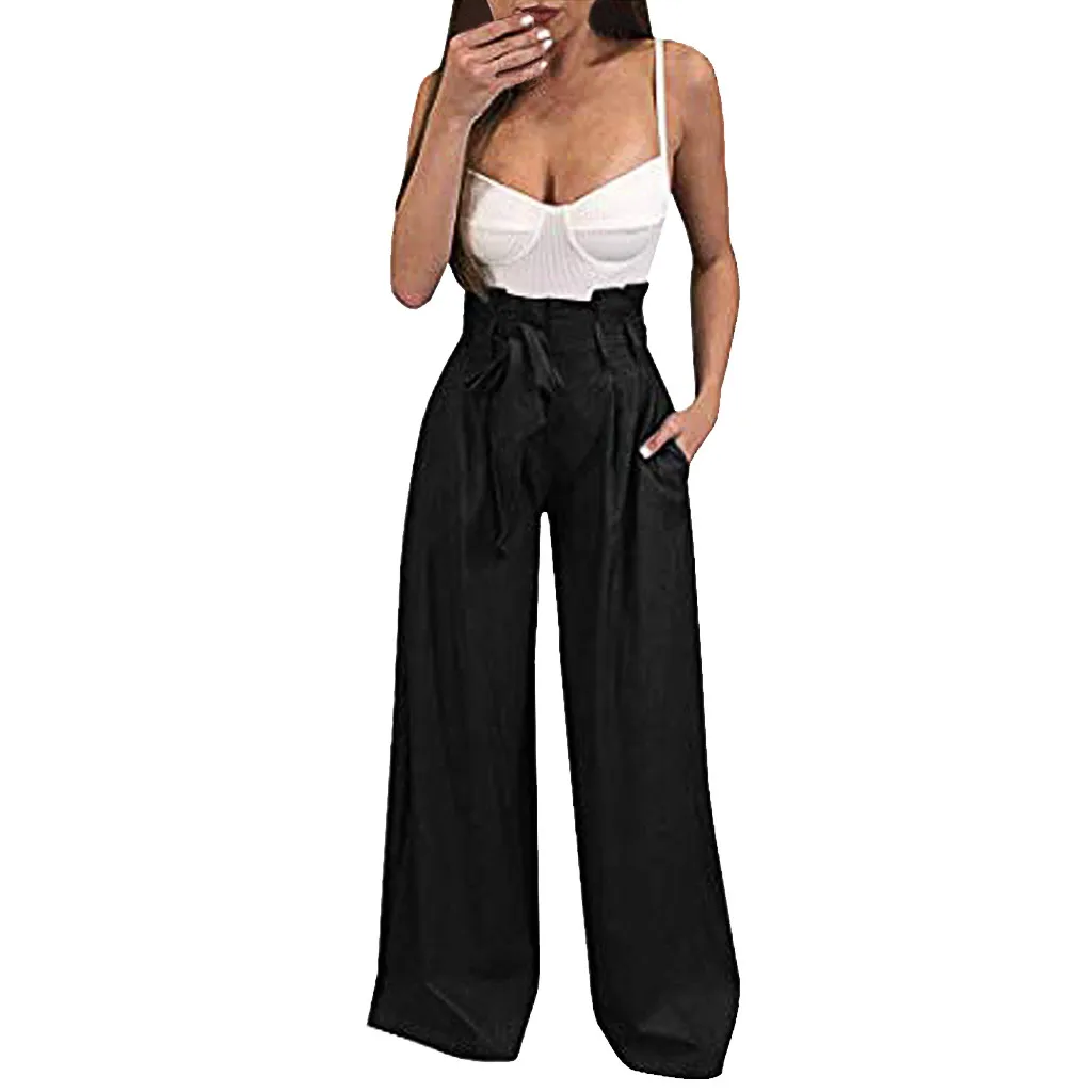 Брюки 2019Top женские с высокой талией чистый цвет широкие брюки юбка-брюки повседневные брюки - Цвет: Black