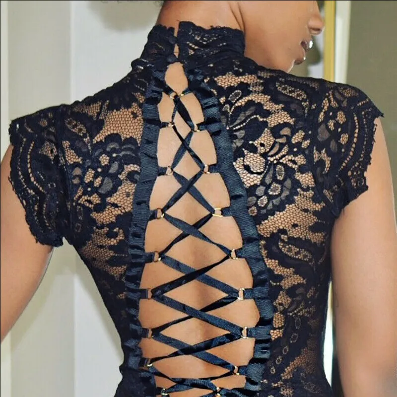 Women Sexy Sissy Lace Bandage See Through Lingerie Nightwear G-String Underwear Erotic Jumpsuit