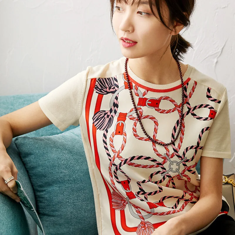 Женская шелковая рубашка с короткими рукавами Сращивание трикотажа в китайском