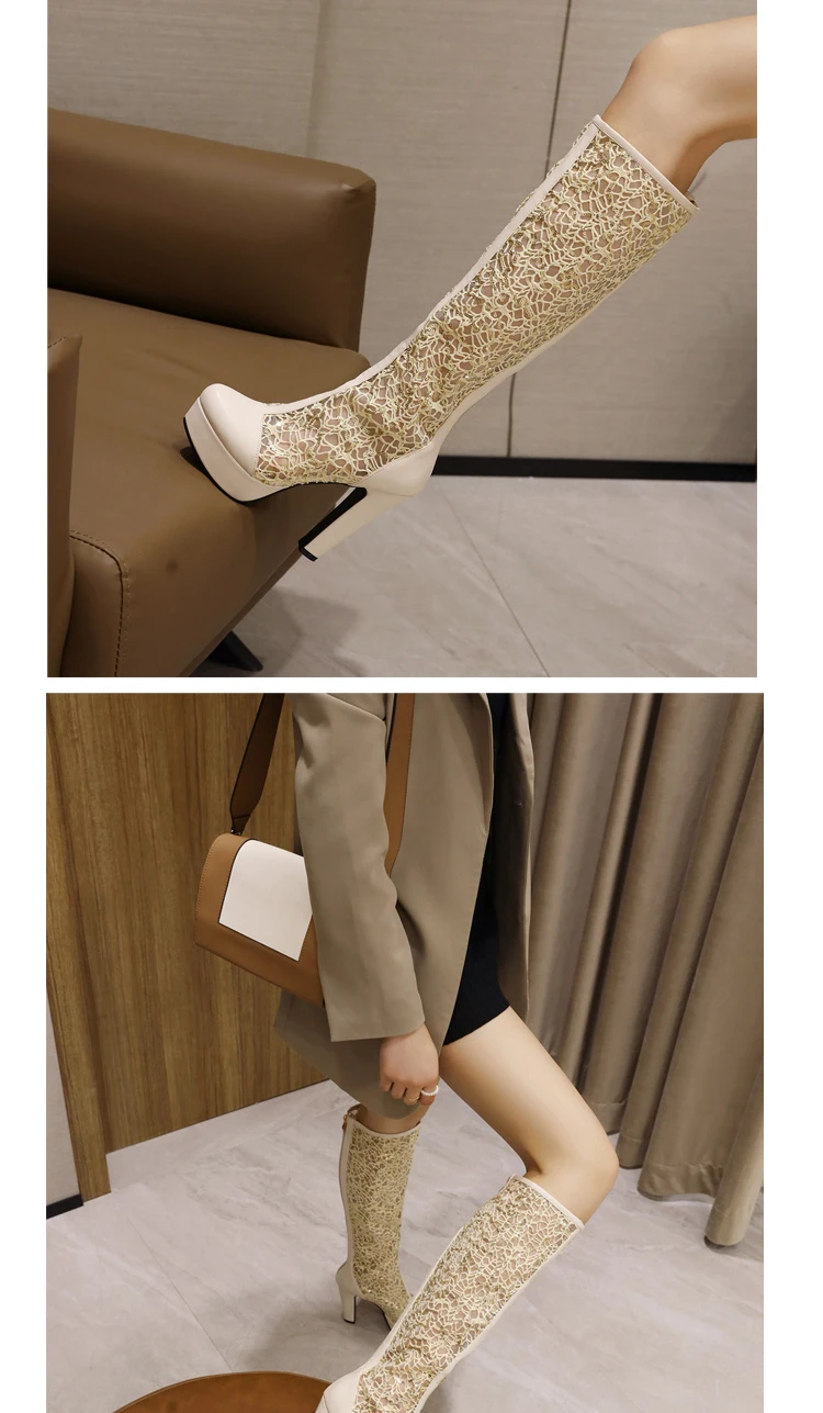 Sequined Cloth Mesh Embroidered Waterproof Platform Breathable Knee-Length Boots Super High Thick Heel Summer Cool Socks Boots