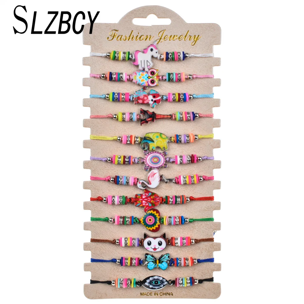 12 unids/lote unicornio lindo armadura cuerda pulseras de cuentas de cristal de arcilla suave Animal pulsera trenzada para niño niñas joyas de Navidad