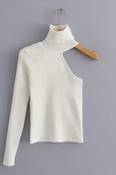 

Women Stylish One Shoulder Sweater Turtleneck Stretchy Asymmetrical Design One Sleeve Female Chic Knitted Tops