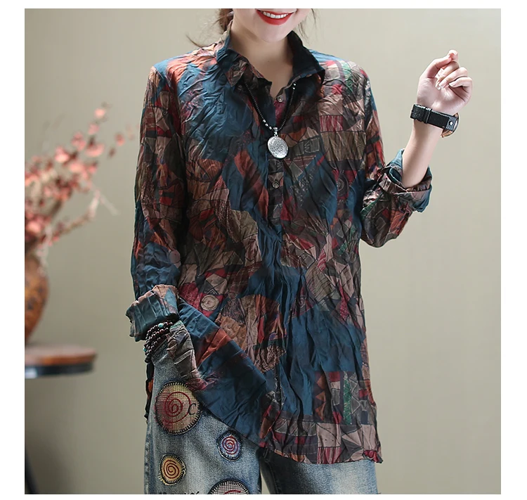 Весенняя блузка Ретро облегающая женская Повседневная рубашка Топы с отложным воротником и пуговицами геометрические новые универсальные Блузки Топы