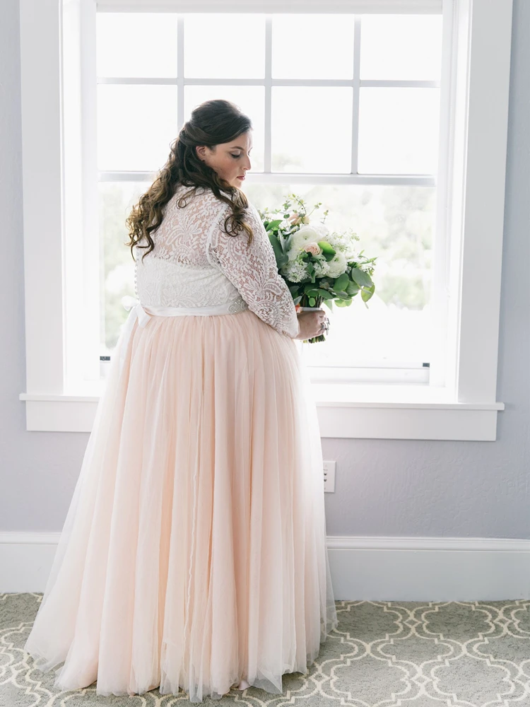 Кружевной топ, нежно-розовый тюль, свадебные платья размера плюс, длинный рукав, v-образный вырез, а-силуэт, длина до пола, свадебные платья, элегантные, на заказ