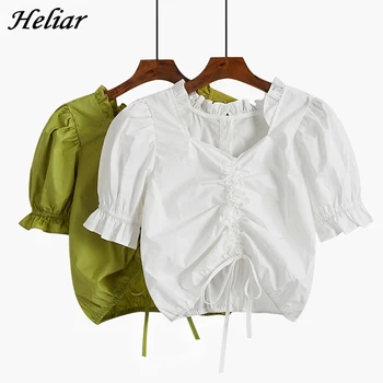 

HELIAR Puff Cuff T-shirt New Femme Drawstring Loose Cute Cutton T-shirt Casual T-shirt 2019 Summer Female Tops Green Tee Shirt