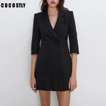

2019 Autumn New Black Pleated Suit Dress Fashion Blazer Women Clothes V-neck Double Breasted Long Suit Jacket Slim Coat