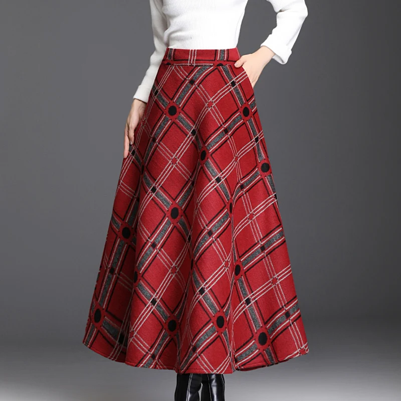Faldas mujer moda, длинная клетчатая юбка макси, Женская осенне-зимняя юбка, Женская винтажная шерстяная юбка трапециевидной формы с завышенной талией размера плюс 3XL - Цвет: Красный