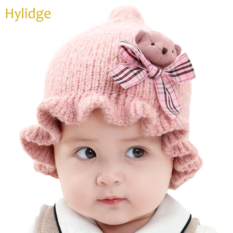 Hylidge/зимняя шапка в Корейском стиле для девочек, мягкая шапка принцессы с оборками, шапка для девочки, зимняя вязаная шапка унисекс с милым бантом, шапочка "межвежонок"