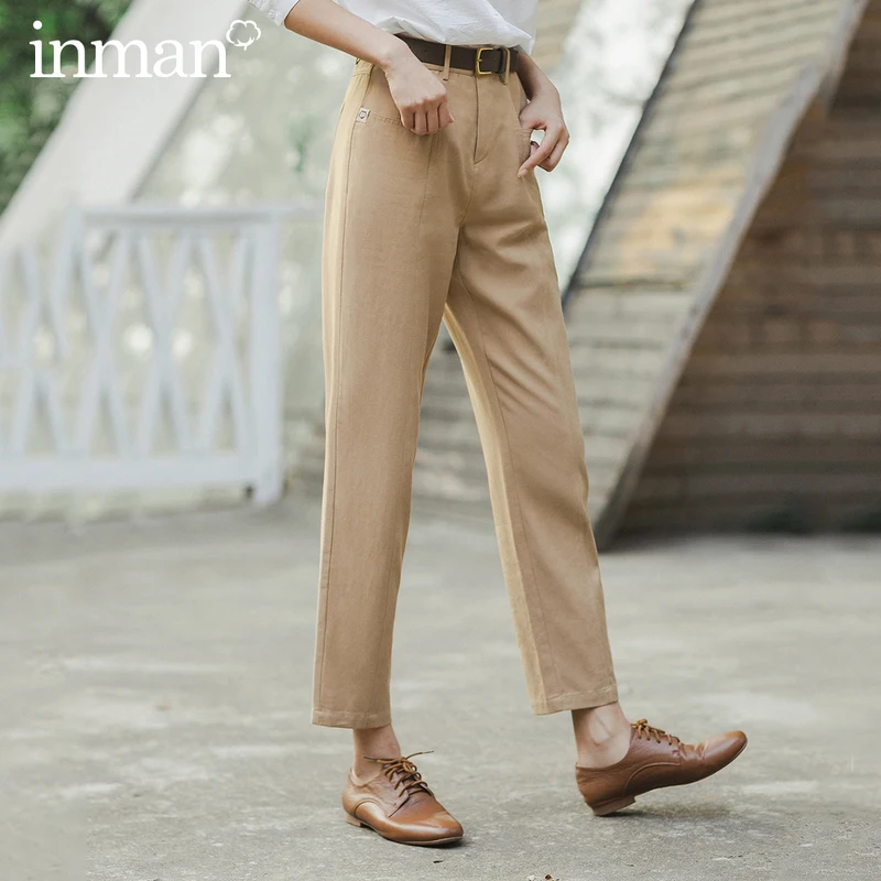 

INMAN 2020 Spring New Arrival Literary Retro High Wasit Front Pocket Loose Slimming Ankle-length Trousers