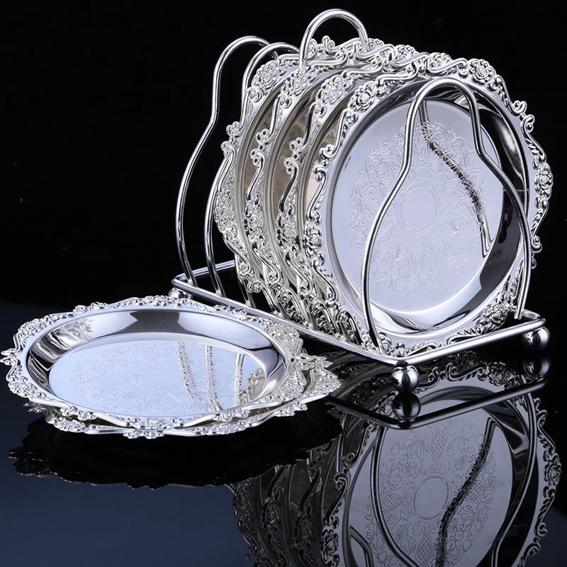 Golden Cocktail Coaster Metal Exquisite Cake Tray Set Dishes Rack Set Vintage Zinc Alloy Silver Plated Mat Placemat Snack Tray