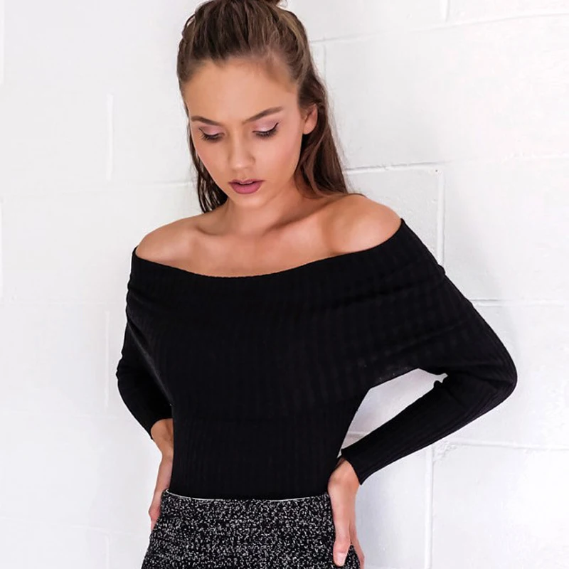 Sexy Slash Neck Knitted Pullover Sweaters Women Autumn Winter Off Shoulder Long Sleeve Solid Sweater | Женская одежда