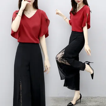 

2020 Summer Chiffon Lace Design 2 Two Piece Set Women Blouses Wide Leg Pants Suits Elegant Fashion Office Lady Outfit Plus Size