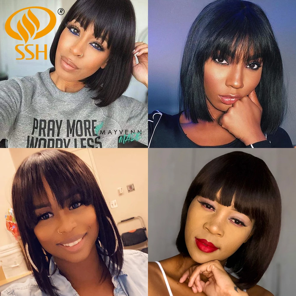 SSH Short Human Hair Wig with Fringe for Women Straight Remy Hair Bob Wigs With Bangs Dark Brown Balayage Highlight Ombre Color
