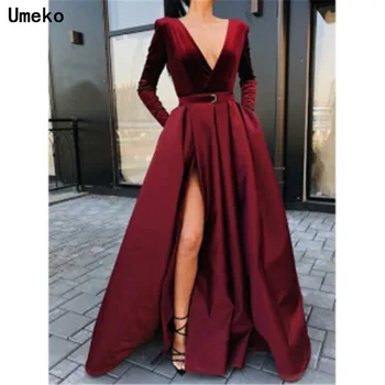 

Umeko 2020 Chic Velvet Women Retro V Neck Long Sleeve High Waist High Split Solid Evening Party Ball Prom Gown Formal Long Dress