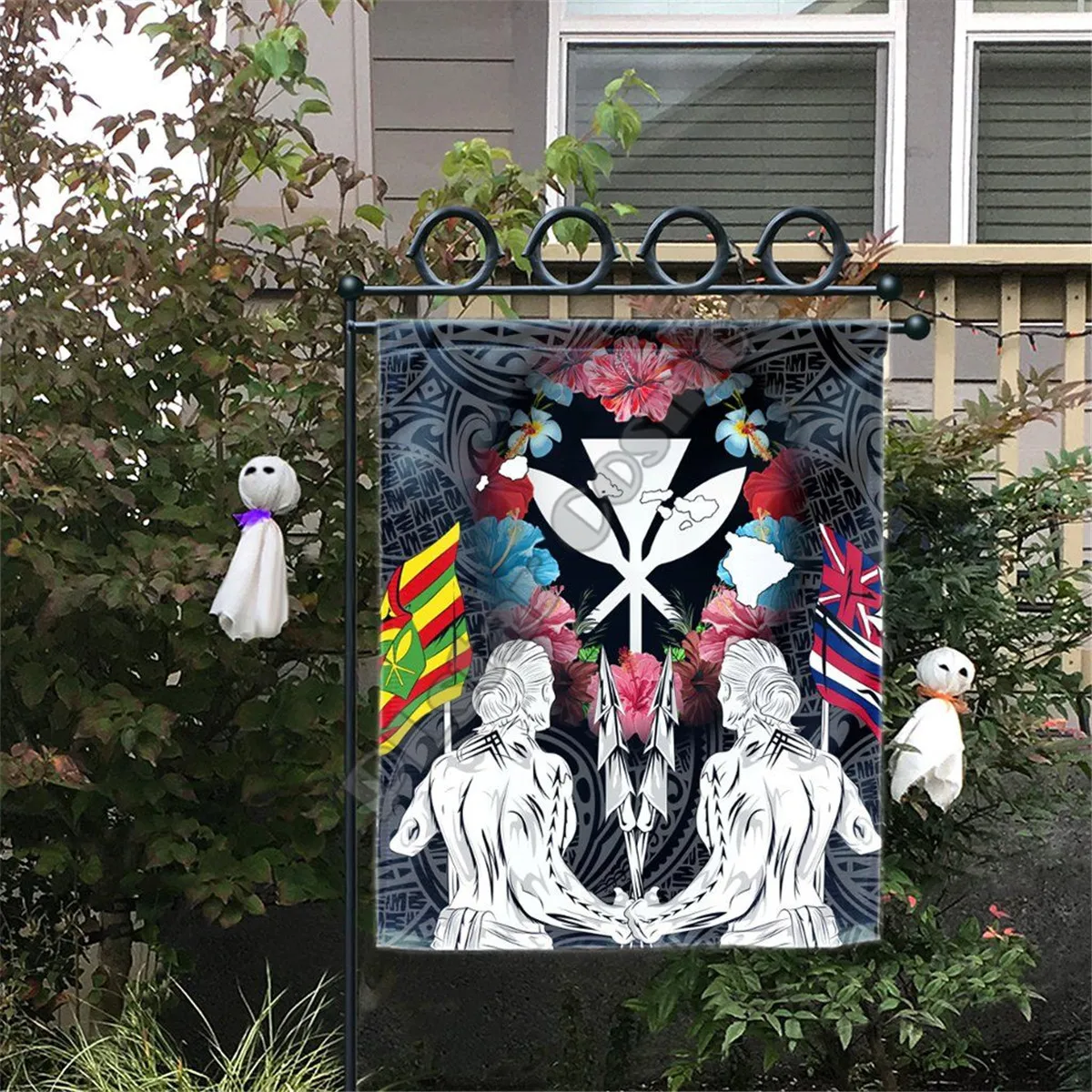 

Hawaii Map Kanaka Two Men Holding Flag 3D Printed House Flag & Garden Flags Hanging House Decoration