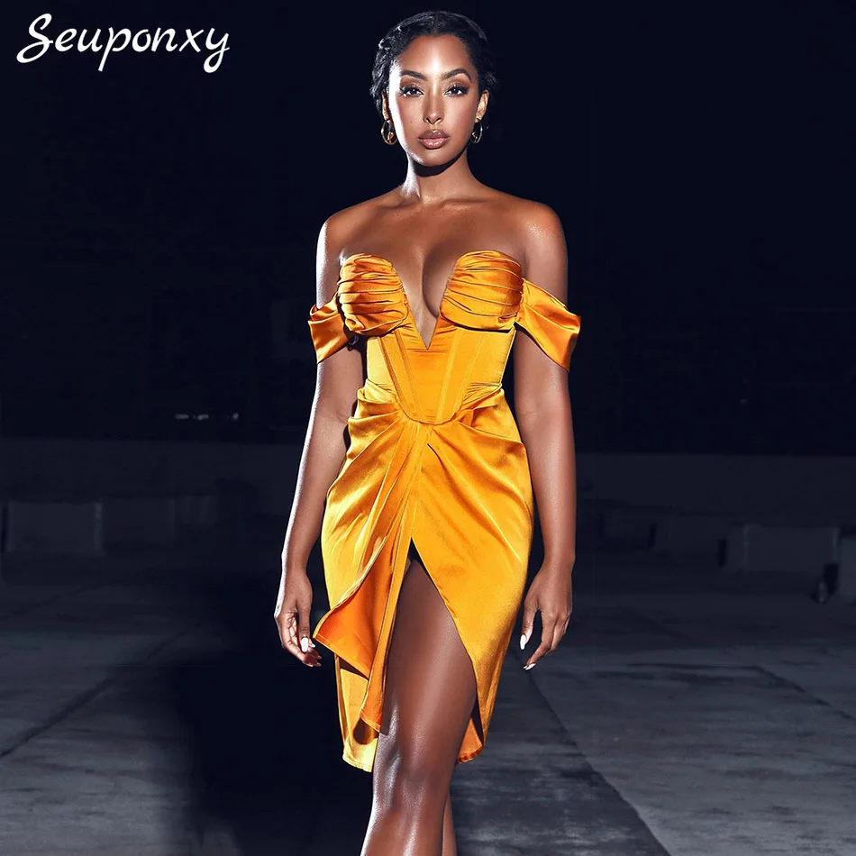 

High Quality Yellow Women's Satin Bodycon Elegant Dress 2022 Fall Sexy Off Shoulder Backless Draping Celebrity Party Dress