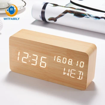 

Electronic Desk Table Clock Voice Control LED Cube Wooden Clock for Kids Bedside Alarm Clock LED Digital Watch No Radio