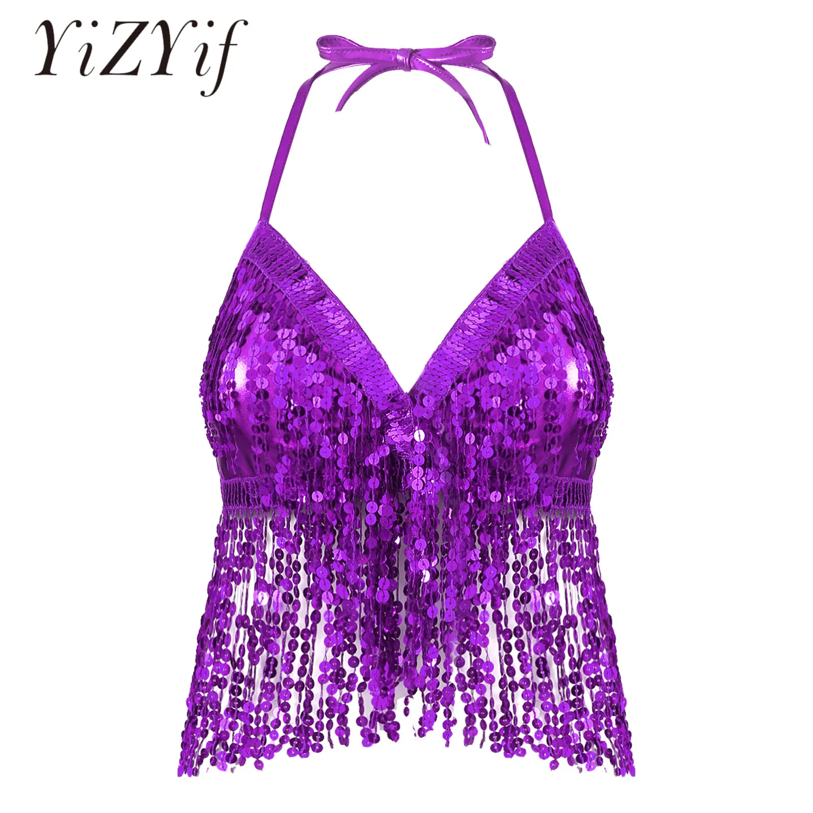 

Womens Shiny Sequin Fringed Halter Crop Top Rave Party Festival Crop Top for Belly Dancing Lace-up Padded Dance Bra Vest