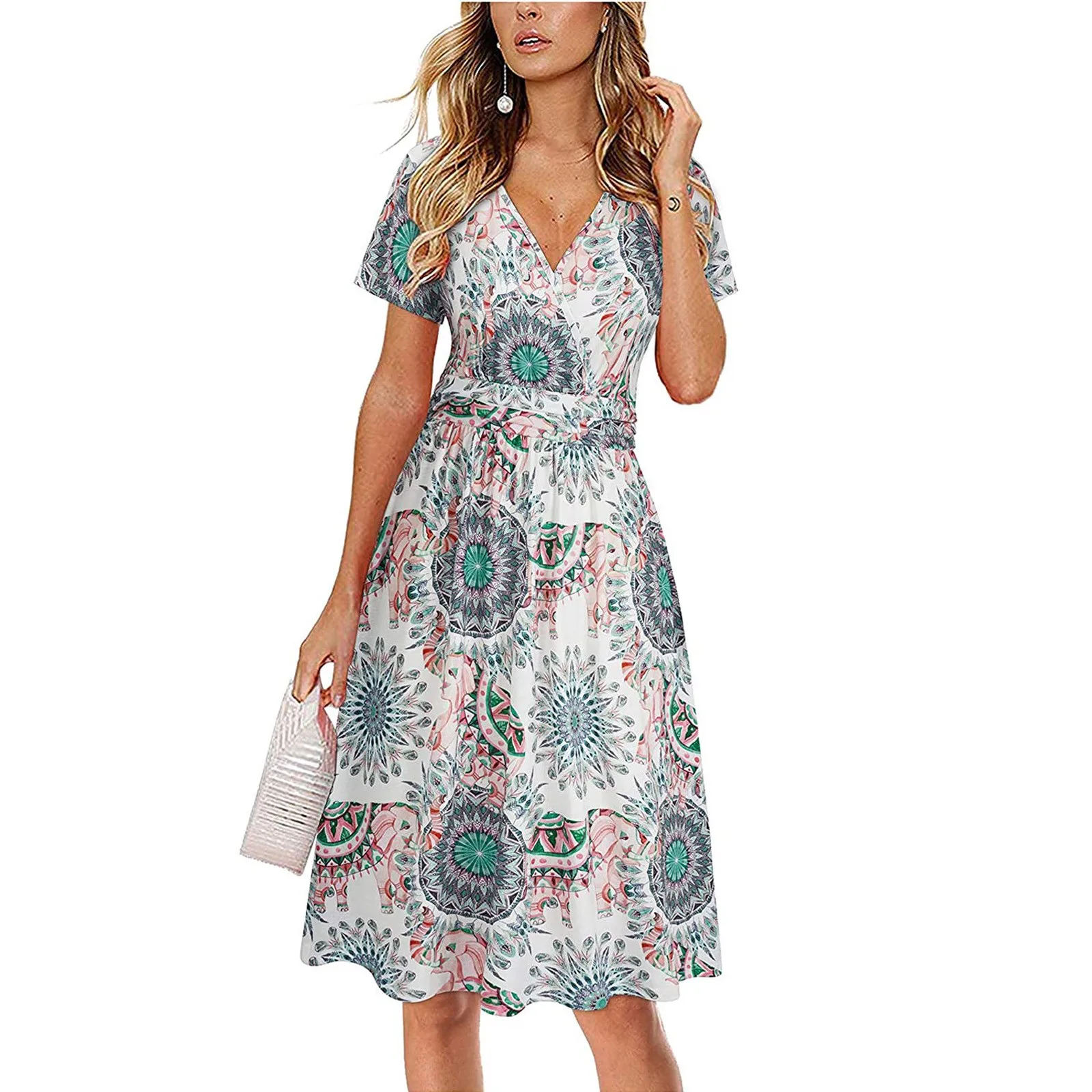 Short-Sleeved Dress Women's New Summer Printed V-Neck Design Temperament Mid Length Beach Mujer Dress Vintage Женский Vestido 2