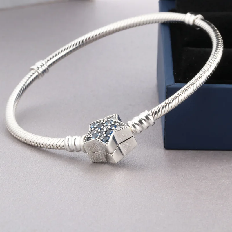 Billige 2019 neue Original 925 Sterling Silber Perle Charme Armband Blau Helle Sterne Schlange Kette Grundlegende Armband Fit Pan Frauen DIY schmuck