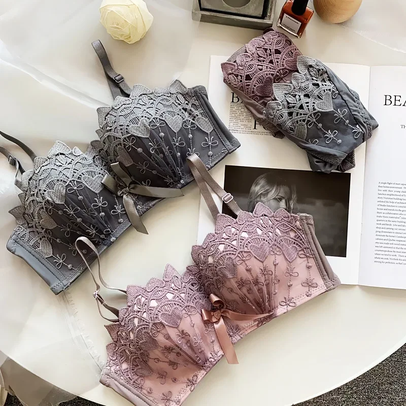 Sexy Elegant Charming Lace Embroidery Small Breast Bras Women Party Wedding Comfy Underwear Seamless No-rim Invisible Brassiere