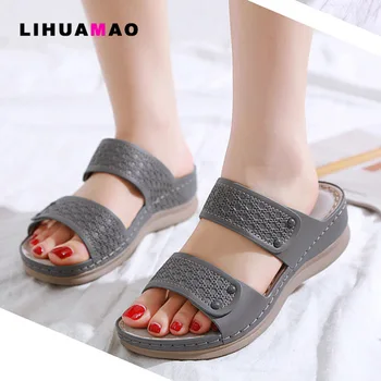 

LIHUAMAO women slipper wedges ladies slides flip flops outdoor casual comfortable sandals