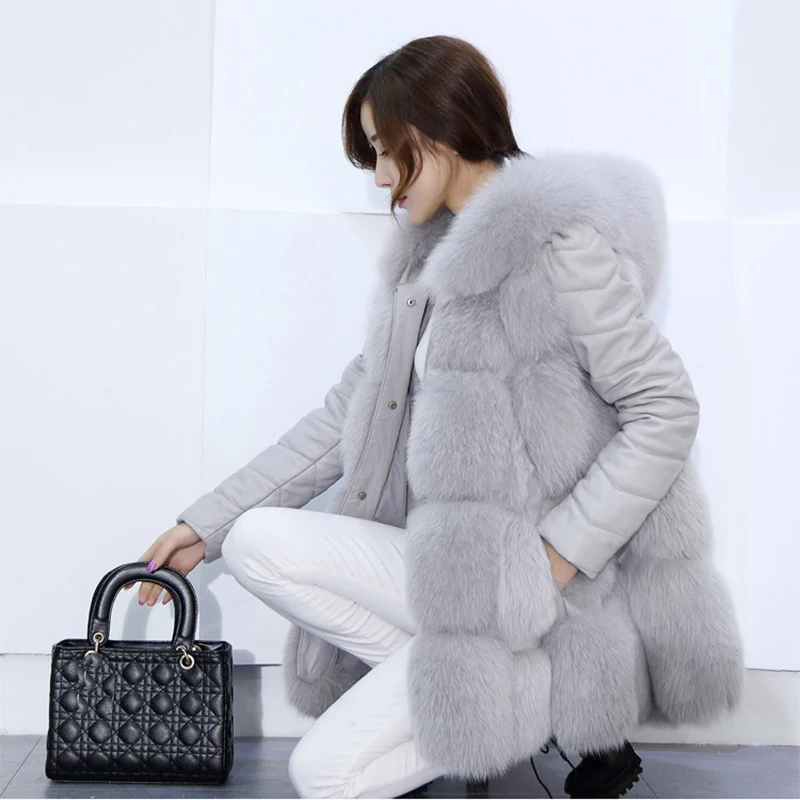 Women Winter Overcoat Outwear PU Leather Removable Sleeves Faux Fur Coat With Hooded Thick Warm Faux Fox Fur Jacket