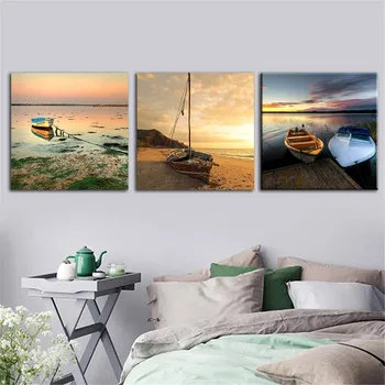 

diy Sunset beach boat Diamond Painting Full Square Round Drill Diamond Embroidery 5D Mosaic landscape Triptych home decor AA1983