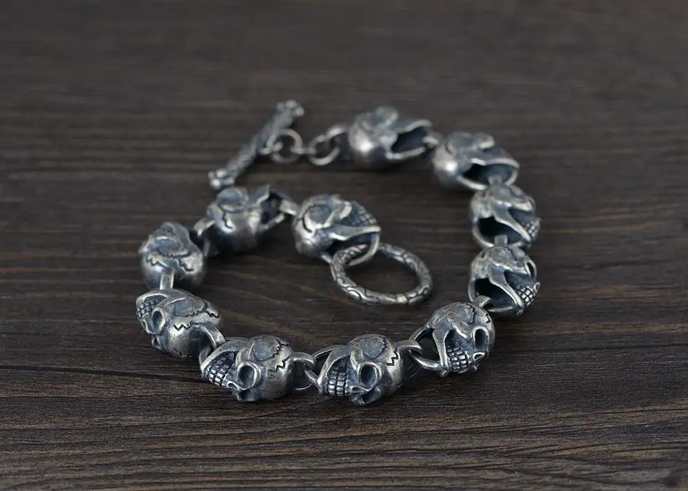 73 г, Твердое Серебро 925 пробы, мужской готический браслет с черепом, ручная работа, высокая Детализация, браслет 24 см, A4325