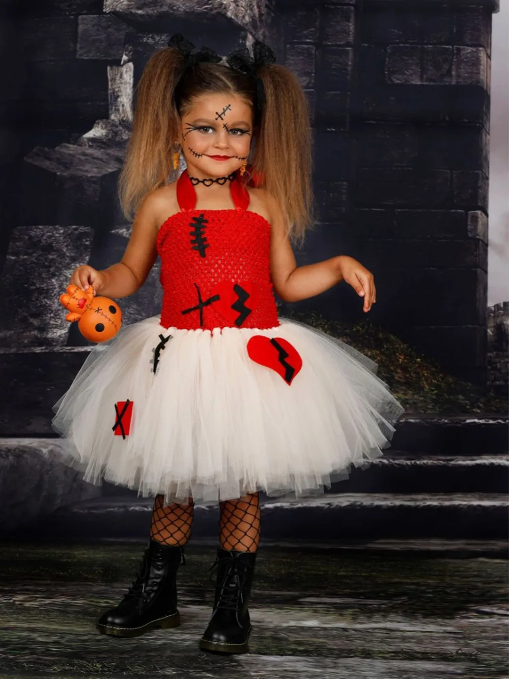 Girls Magic Voodoo Doll Inspiration Halloween Costume for Kids Scary Broken Heart Pattern Tutu Dress Girls Summer Dress Clothing (11)