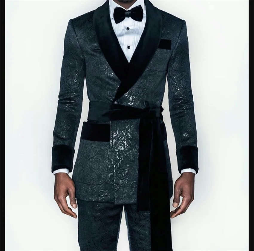 Black Men\'s Suit with Belt Velvet Lapel Jacquard Wedding Groom Tuxedos Dinner Party Custom Made Jacket and Pants 2 Pcs