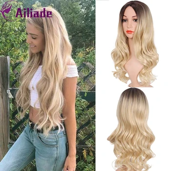 

AILIADE Synthetic Wigs Long Wavy Ombre Blonde Middle Part For Black/White Women Daily Cosplay Fake Hair Free Shipping